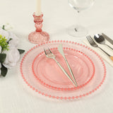 10 Pack Transparent Blush Plastic Salad Plates with Beaded Rim, Disposable Round Dessert