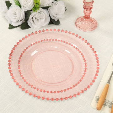 10 Pack Transparent Blush Plastic Salad Plates with Beaded Rim, Disposable Round Dessert Plates - 8"