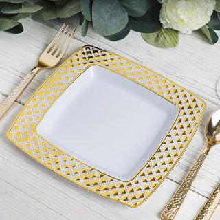Gold and White Square Plastic Dessert Salad Plates With Diamond Rim