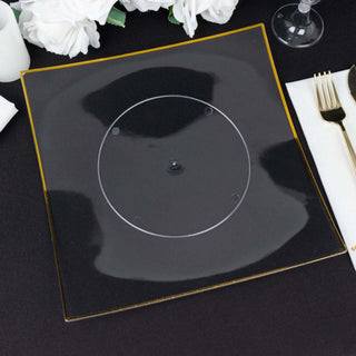 10 Pack | 10" Clear / Gold Concave Modern Square Plastic Dinner Plates