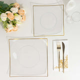 10 Pack | 10inch Clear / Gold Concave Modern Square Plastic Dinner Plates, Disposable Party Plates
