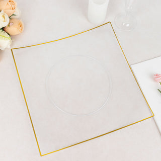 10 Pack | 10" Clear / Gold Concave Modern Square Plastic Dinner Plates