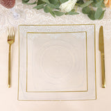 10 Pack | 8inch Clear / Gold Concave Modern Square Plastic Dessert Plates, Disposable Plates