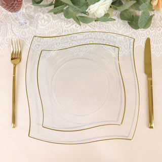 Elegant and Stylish 8" Clear / Gold Wavy Rim Modern Square Plastic Dessert Plates