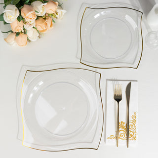 Add a Touch of Class with Clear/Gold Wavy Rim Square Plastic Dinner Plates