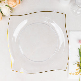 Elegant and Stylish Clear/Gold Wavy Rim Square Plastic Dinner Plates