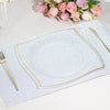 10 Pack | 8inch Clear / Gold Wavy Rim Modern Square Plastic Dessert Salad Appetizer Party Plates
