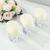 50 Pack White Blue Paper Popcorn Box Snack Cups with French Toile Floral Pattern, Disposable Appetiz