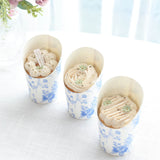 50 Pack White Blue Paper Popcorn Box Snack Cups with French Toile Floral Pattern, Disposable Appetiz