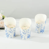 50 Pack White Blue Paper Popcorn Box Snack Cups with French Toile Floral Pattern, Disposable Appetiz