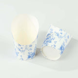 50 Pack White Blue Paper Popcorn Box Snack Cups with French Toile Floral Pattern, Disposable Appetiz