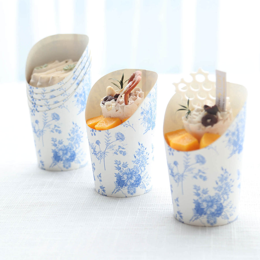 50 Pack White Blue Paper Popcorn Box Snack Cups with French Toile Floral Pattern, Disposable Appetiz