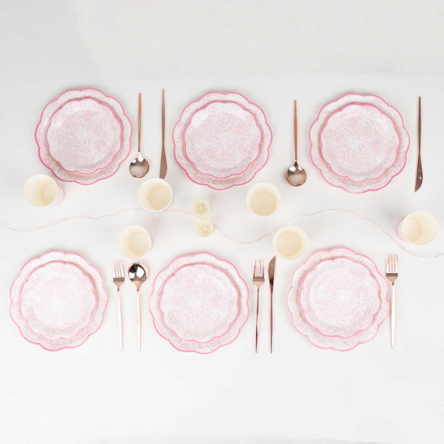 75 Pcs Pink White Vintage Floral Disposable Party Supplies Kit, Paper Plates Cups