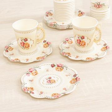 Set of 25 Ivory Paper Tea Cups and Saucers with Vintage Rose Floral Print, 9oz Disposable Cups and 6" Plates for Tea Party Decorations