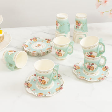 Set of 25 Turquoise Paper Tea Cups and Saucers with Vintage Rose Floral Print, 9oz Disposable Cups and 6" Plates for Tea Party Decorations