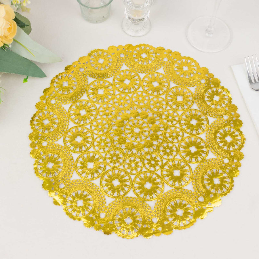 50 Pack Metallic Gold Medallion Style Paper Lace Doilies, 12inch Round Disposable Placemats