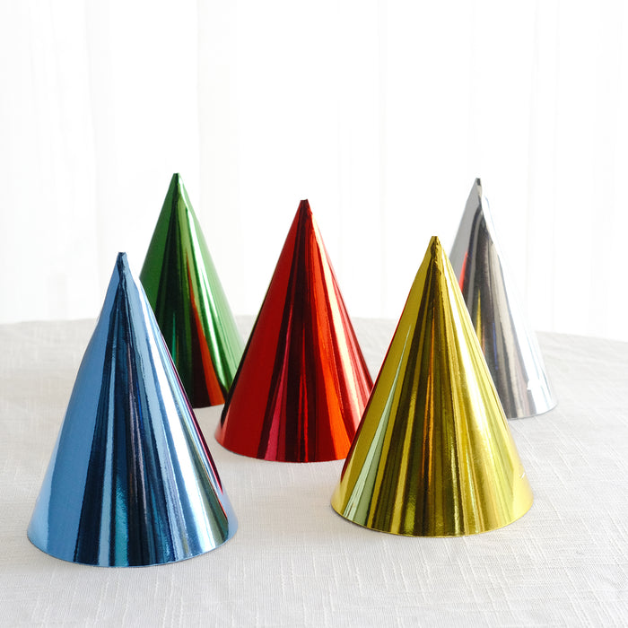 25 Pack Mixed Metallic Foil Cone Party Hat, Pre-Strung Paper Birthday Hats