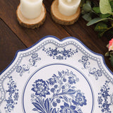 25 Pack White Blue 10inch Disposable Party Plates With Chinoiserie Florals and Scalloped Rims