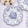 25 Pack White Blue 10inch Disposable Party Plates With Chinoiserie Florals and Scalloped Rims