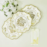 25 Pack White Gold Disposable Party Plates in French Toile Floral Pattern 10inch Paper Dinner Plate