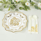 25 Pack White Gold Disposable Party Plates in French Toile Floral Pattern 10inch Paper Dinner Plate