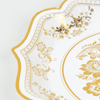 Disposable White Gold Floral Dinner Plates with Scalloped Rims
