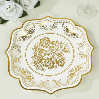 Exquisite White Gold Paper Dinner Plates with French Toile Pattern