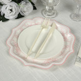 25 Pack White Pink Disposable Salad Plates in French Toile Floral Pattern