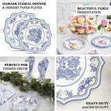Damask floral dinner and dessert paper plates for themed décor and beautiful table presentation.