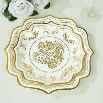 25 Pack White Gold Disposable Salad Plates in French Toile Floral Pattern, 8" Round Appetizer Dessert Paper Plates with Scalloped Rims - 300 GSM