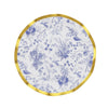 25 Pack | White / Blue Chinoiserie Disposable Dinner Plates With Gold Wavy Rim, Floral Round#whtbkgd