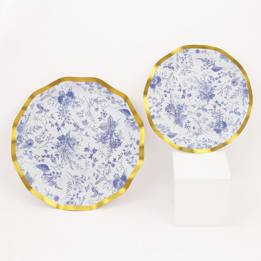 25 Pack | 10inch White / Blue Chinoiserie Disposable Dinner Plates With Gold Wavy Rim, Floral Round