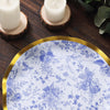 25 Pack | 10inch White / Blue Chinoiserie Disposable Dinner Plates With Gold Wavy Rim, Floral Round