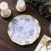 25 Pack | 8inch White / Blue Chinoiserie Disposable Salad Plates With Gold Wavy Rim Floral