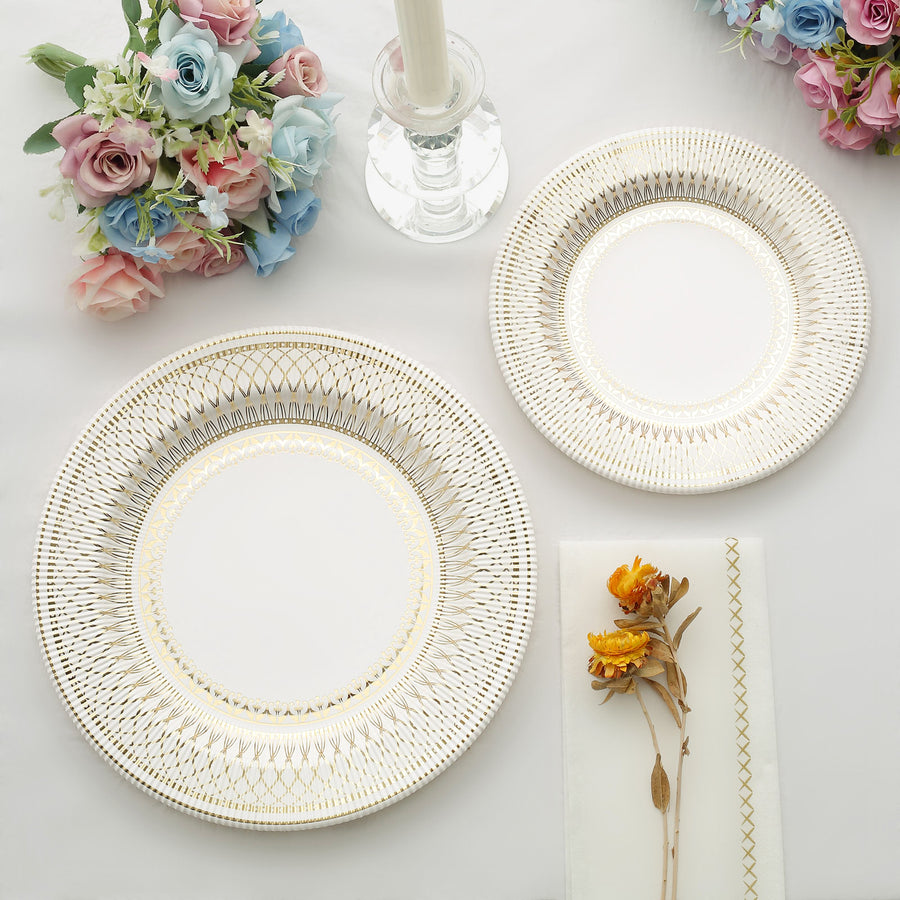25 Pack | 10inch Gold And White Porcelain Style Vintage Disposable Plates