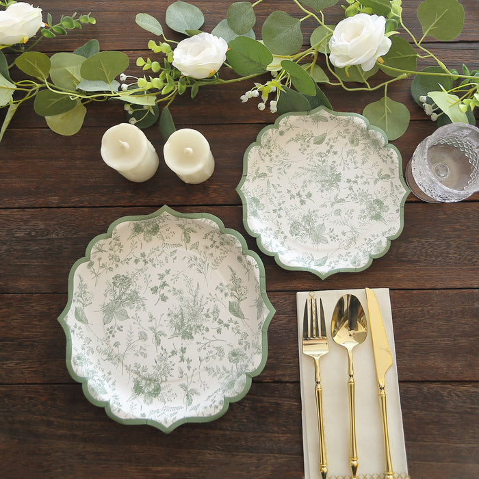 25 Pack Sage Green Floral Leaf Print Disposable Party Plates with Scalloped Rims