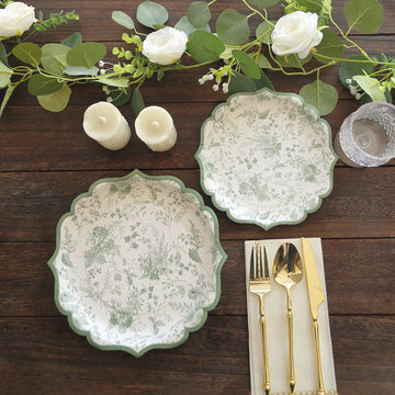 25 Pack White Sage Green Floral Leaf Print Disposable Party Plates with Scalloped Rims, 10" Round Dinner Paper Plates - 300GSM