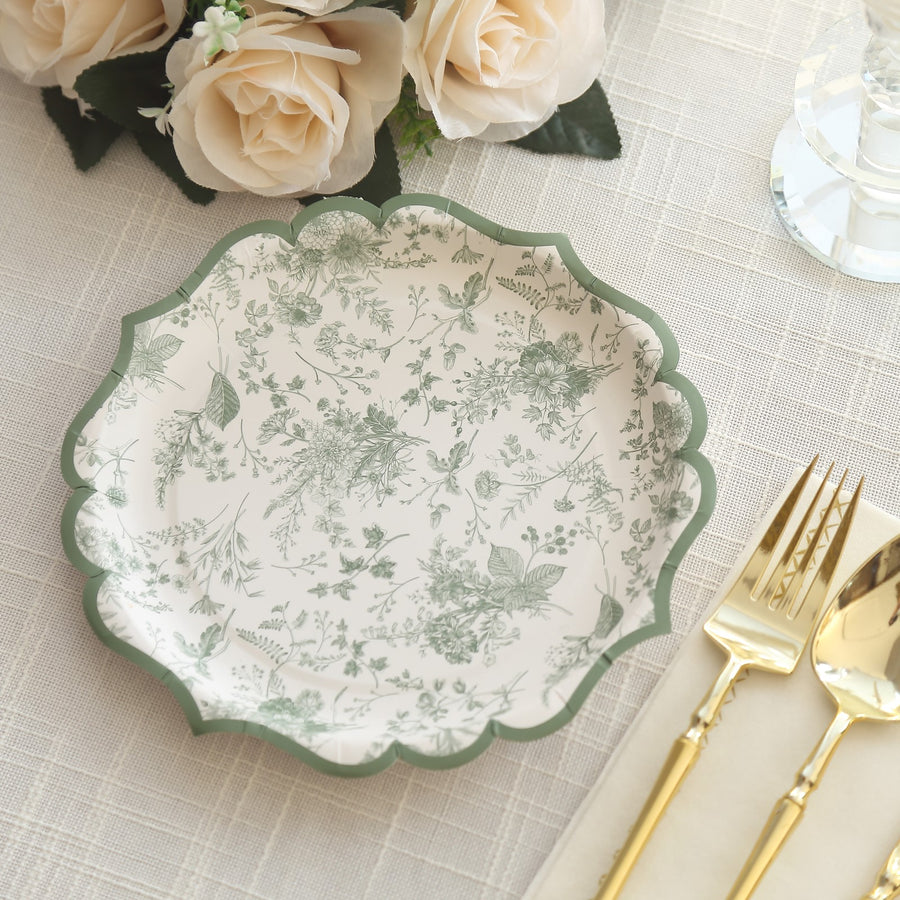 25 Pack Sage Green Floral Leaf Print Salad Paper Plates with Scalloped Rims