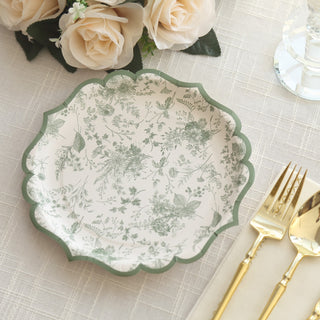 White Sage Green Floral Leaf Print Salad Paper Plates with Scalloped Rims