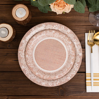 Natural Burlap Print Paper Salad Plates with Floral Lace Rim - Rustic Charm and Elegance