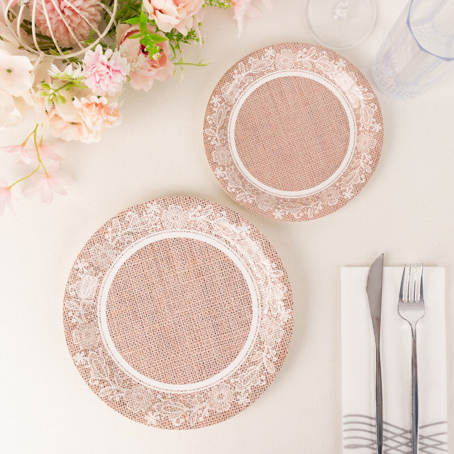 25 Pack Natural Burlap Print 9inch Round Disposable Party Plates With White Floral Lace Rim