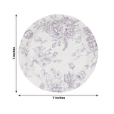 25 Pack 7inch French Toile Disposable Salad Plates, White Lavender Lilac Round Paper