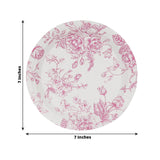 25 Pack 7inch French Toile Disposable Salad Plates, White Pink Round Paper Appetizer