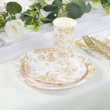 25 Pack White Gold French Toile Disposable Dinner Plates, 9inch Round Paper Party Plates