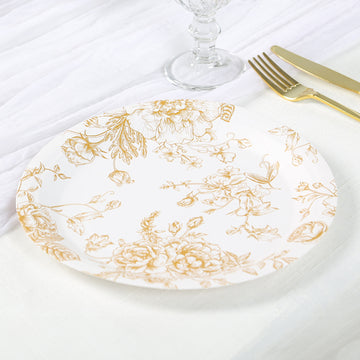 25 Pack 9" French Toile Paper Party Plates, White Gold Round Disposable Dinner Plates