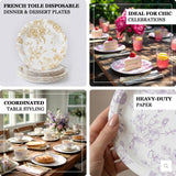 French toile disposable dinner plates for chic celebrations and coordinated table styling.