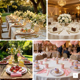Elegant tablescapes for weddings with floral arrangements and gourmet desserts.