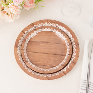 White Brown Wood Grain Print Disposable Salad Plates with Floral Lace Rim