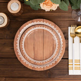 25 Pack White Brown Wood Grain Print Disposable Salad Plates With Floral Lace Rim