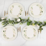 25 Pack White Sage Green Party Paper Plates with Floral Lined Rim, Disposable Dinner Plates